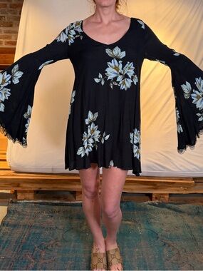 Free People Black Dress with Blue and Cream Floral Accent